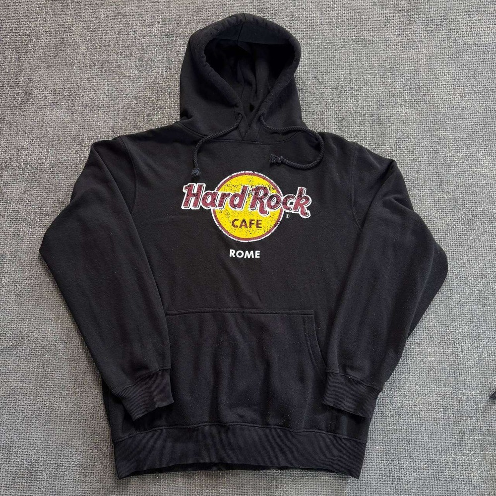 Hard Rock Cafe Rome Hoodie Mens Large Black Graphic Pullover Y2K Streetwear